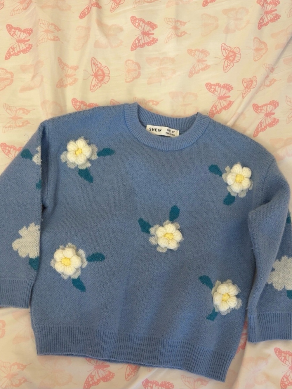 SHEIN Light Blue Floral Crewneck Sweater
